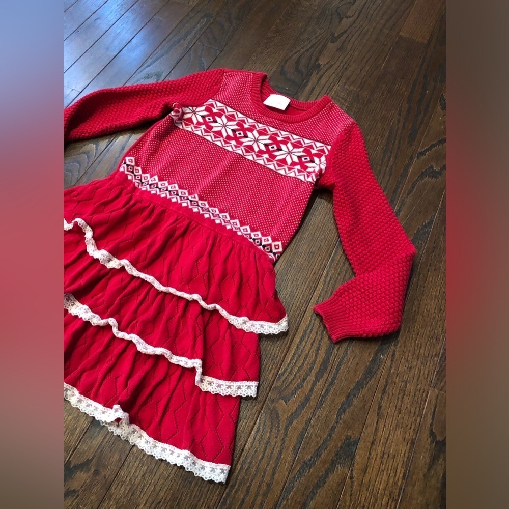Hanna Andersson Girls 110cm (5Y) Red Knit Ruffled Tiered Skirt Dress - VGUC! - Picture 2 of 7